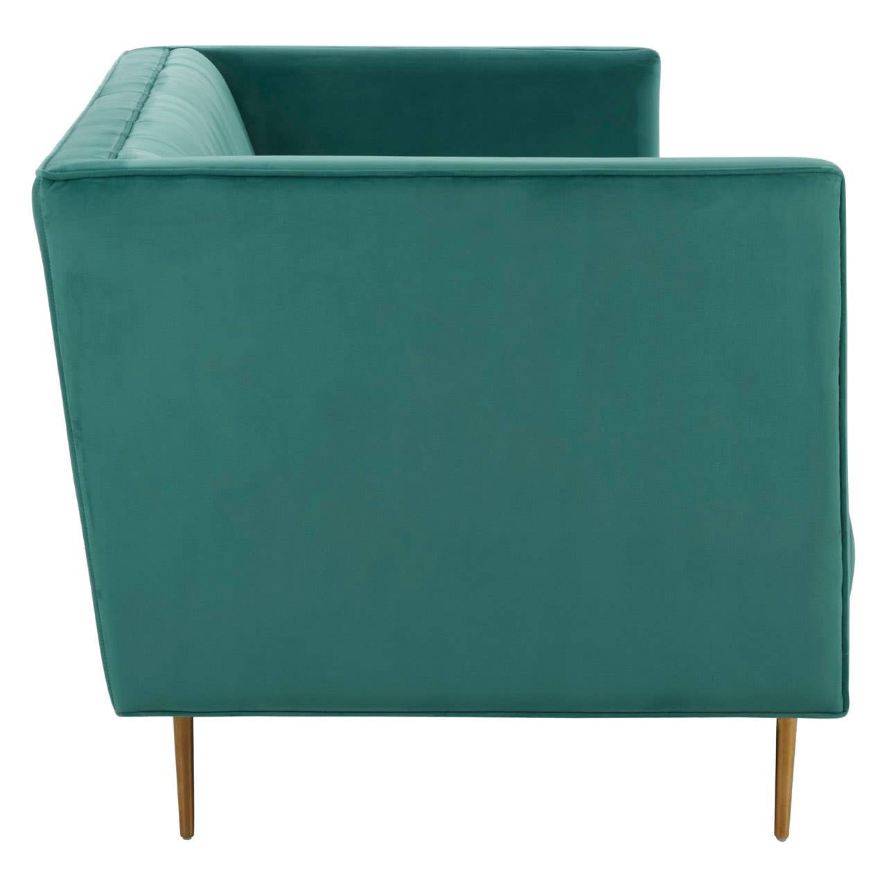 Three-seat green sofa with a modern design, featuring a sleek, minimalist silhouette and tapered wooden legs. The upholstery is a soft, textured fabric, showcasing a rich green color that adds a pop of vibrancy to any living space. The back of the sofa is slightly angled, enhancing its contemporary aesthetic