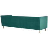 Three-seat green sofa with a sleek, modern design, featuring a rectangular shape and tapered gold legs. The upholstery has a soft texture, and the overall color is a rich, deep green, adding a touch of elegance to any living space