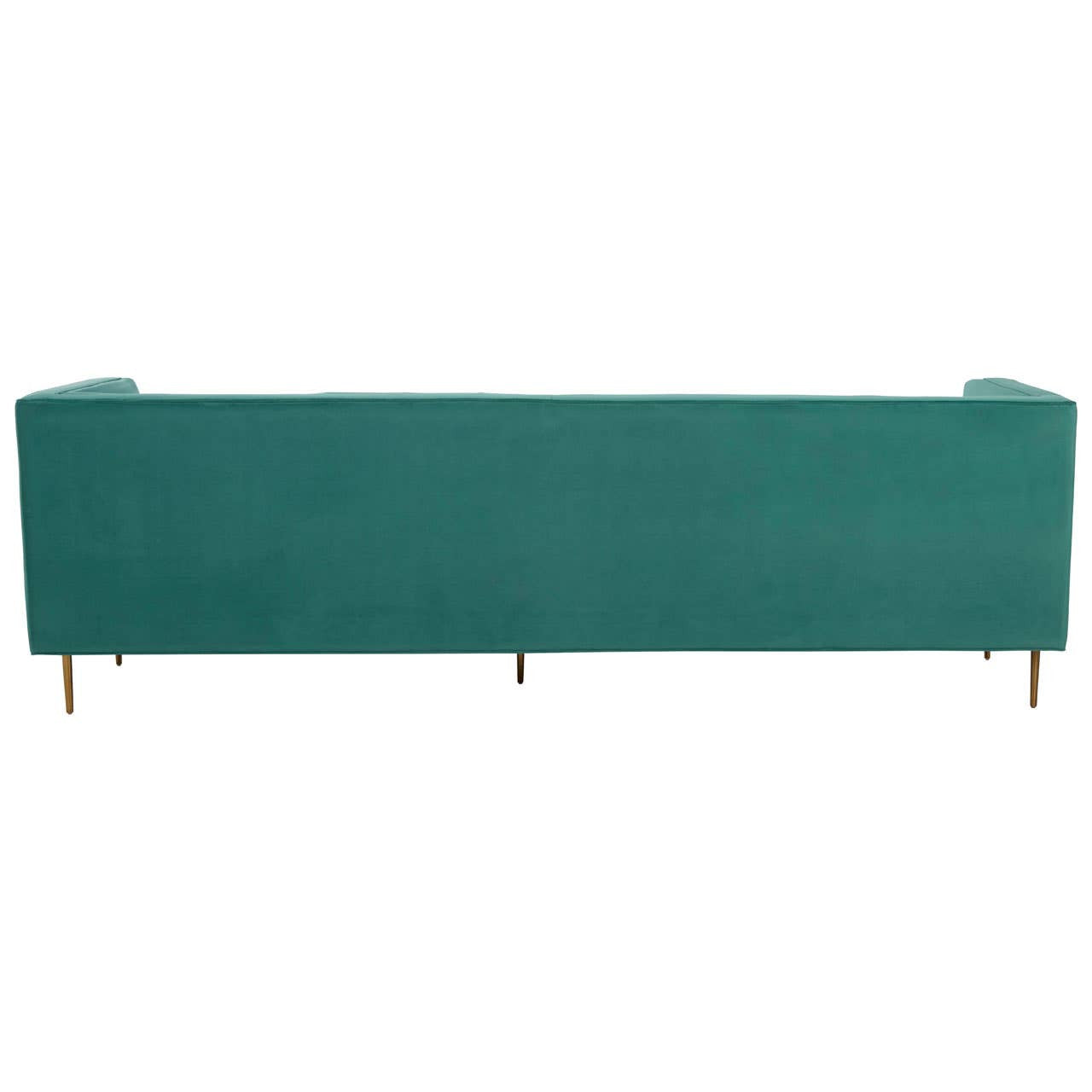Three-seat sofa upholstered in a rich green fabric, featuring a sleek, minimalist design with straight lines and a low back. The sofa is supported by slender, gold-colored legs, adding a touch of elegance to its modern aesthetic