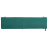 Three-seat sofa upholstered in a rich green fabric, featuring a sleek, minimalist design with straight lines and a low back. The sofa is supported by slender, gold-colored legs, adding a touch of elegance to its modern aesthetic