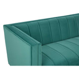 A close-up view of the Otylia 3 Seat Green Sofa, showcasing its plush green upholstery with vertical stitching details and a modern, angular armrest design. The sofa features a sleek, contemporary style suitable for various living spaces