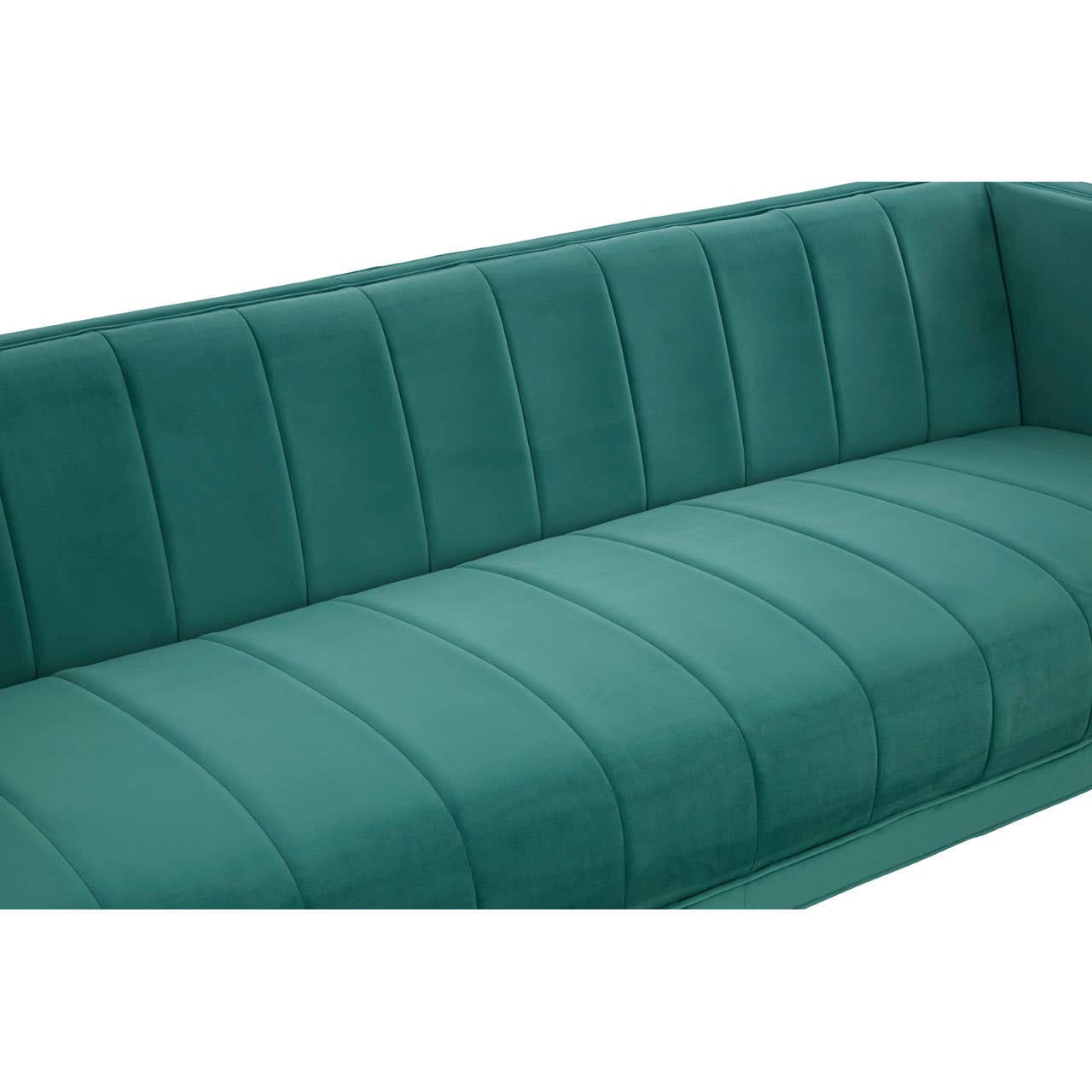 A plush green sofa with a sleek design, featuring a tufted backrest and smooth seat cushions, suitable for three people. The upholstery has a rich texture, enhancing its modern aesthetic