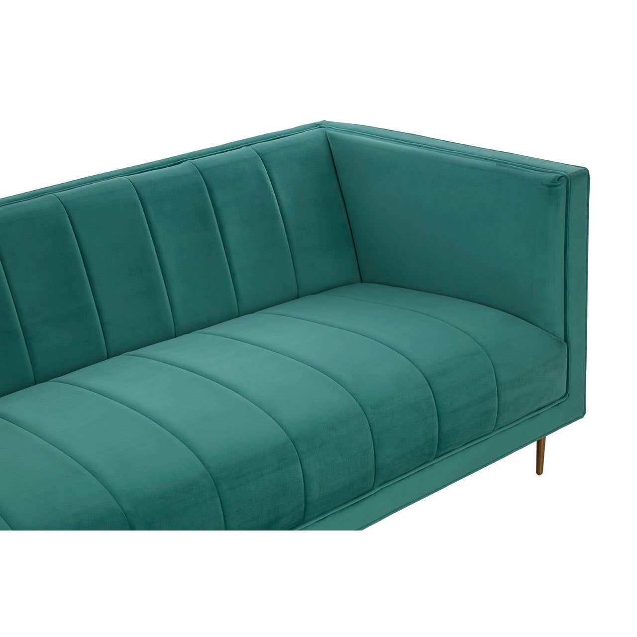 A stylish green three-seat sofa featuring a modern design with vertical tufted upholstery and sleek, angled legs. The sofa has a low profile and clean lines, making it a chic addition to any living space