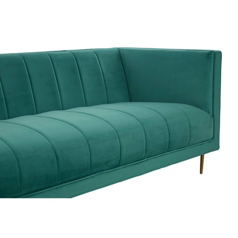 Three-seat green sofa featuring a sleek design with vertical tufted upholstery and a modern silhouette. The sofa has a low back and armrests, supported by slender gold legs, adding a touch of elegance to any living space