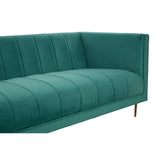Three-seat green sofa featuring a sleek design with vertical tufted upholstery and a modern silhouette. The sofa has a low back and armrests, supported by slender gold legs, adding a touch of elegance to any living space