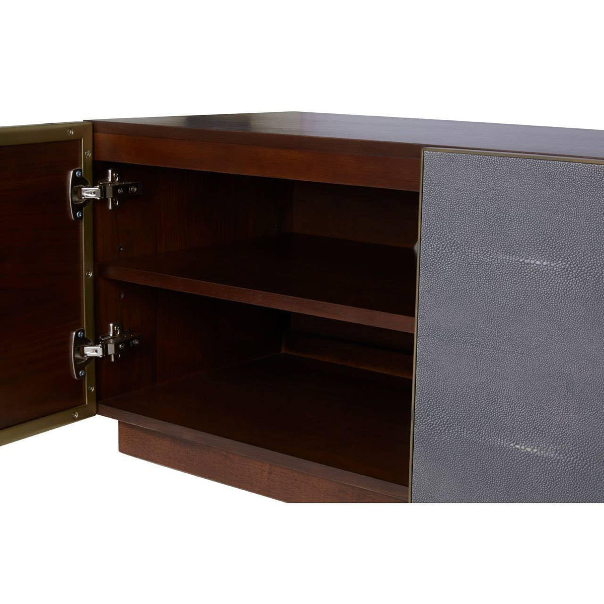 Dark wood sideboard cabinet with open door and shelf, textured grey panel detail