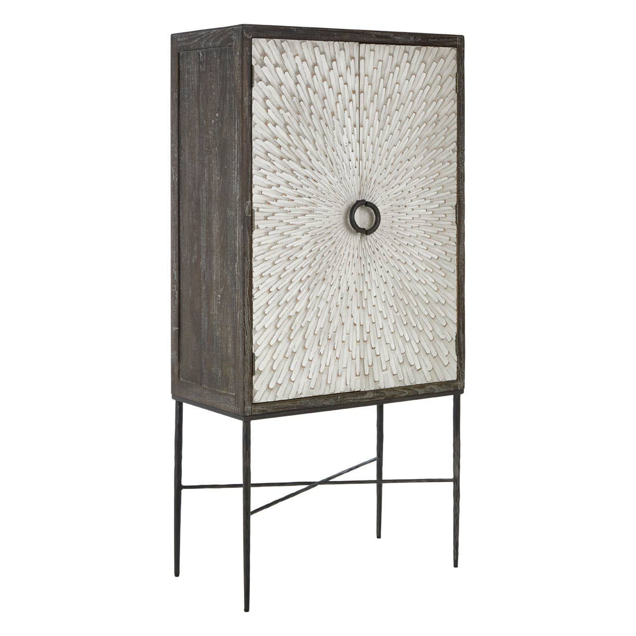 Milan Two Door Elm Wood Wine Cabinet featuring a textured front with a circular handle, standing on slender metal legs, showcasing a modern design with a natural wood finish