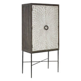 Milan Two Door Elm Wood Wine Cabinet featuring a textured front with a circular handle, standing on slender metal legs, showcasing a modern design with a natural wood finish