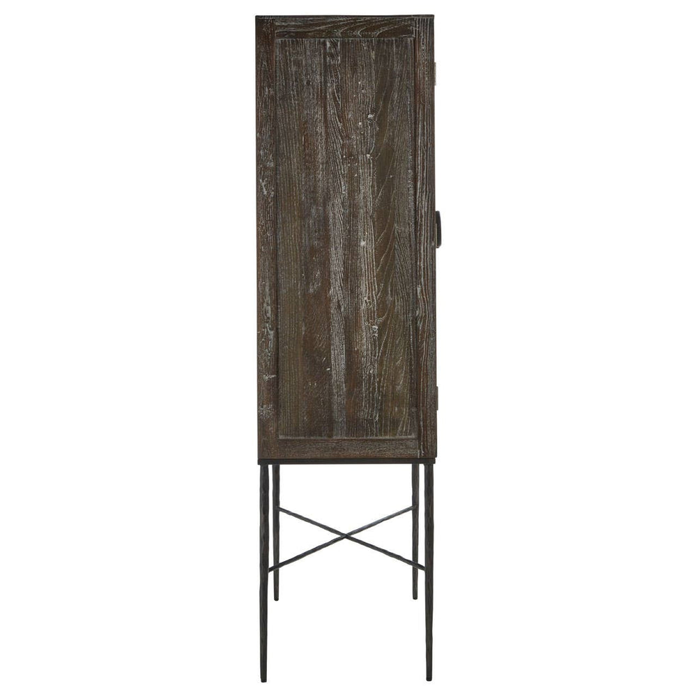Tall two-door wine cabinet made of elm wood with a textured finish, featuring a sleek metal base and crossbar design for stability. The cabinet has a natural wood grain pattern and a minimalist aesthetic, suitable for modern home decor
