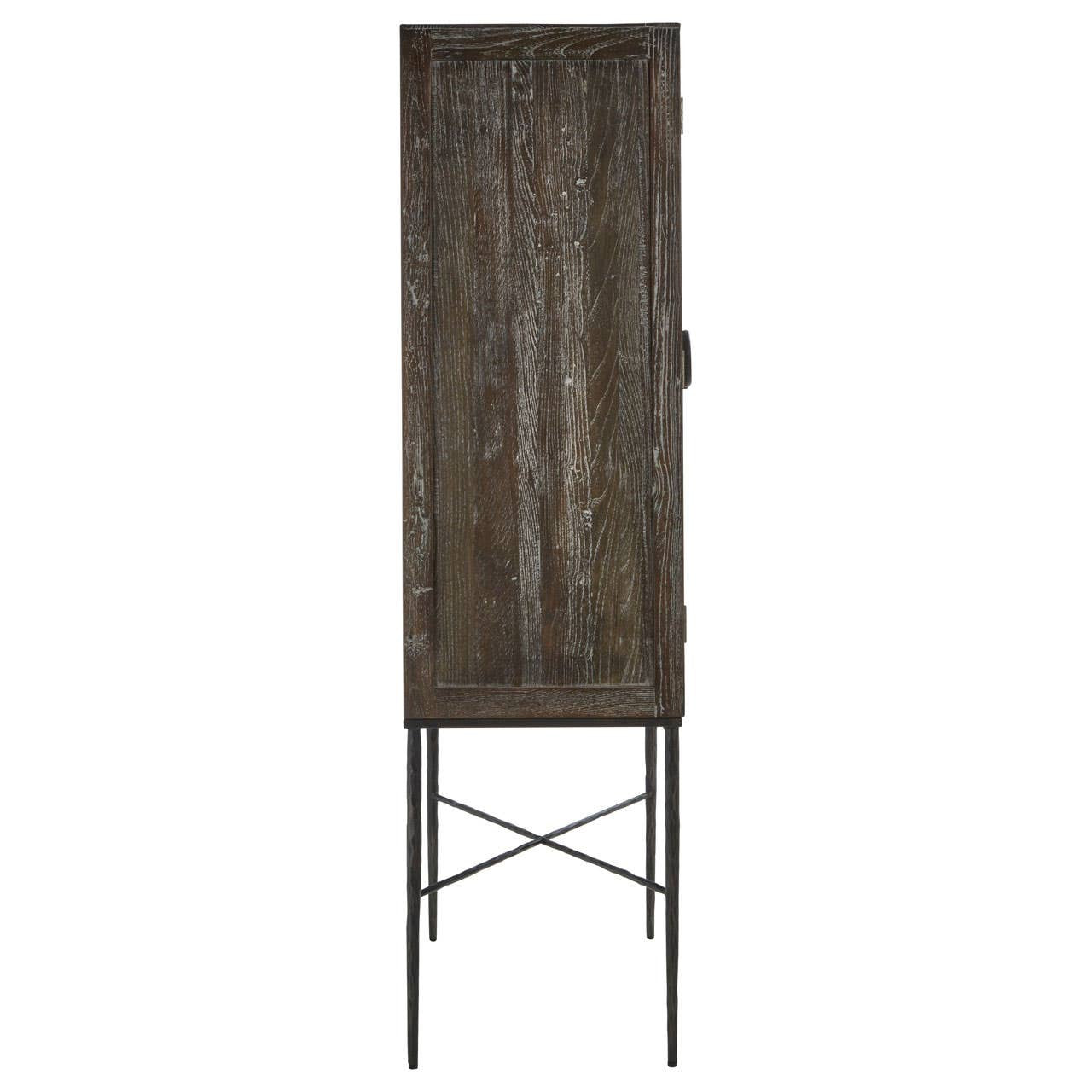 Tall two-door wine cabinet made of elm wood with a textured finish, featuring a sleek metal base and crossbar design for stability. The cabinet has a natural wood grain pattern and a minimalist aesthetic, suitable for modern home decor