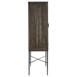 Tall two-door wine cabinet made of elm wood with a textured finish, featuring a sleek metal base and crossbar design for stability. The cabinet has a natural wood grain pattern and a minimalist aesthetic, suitable for modern home decor
