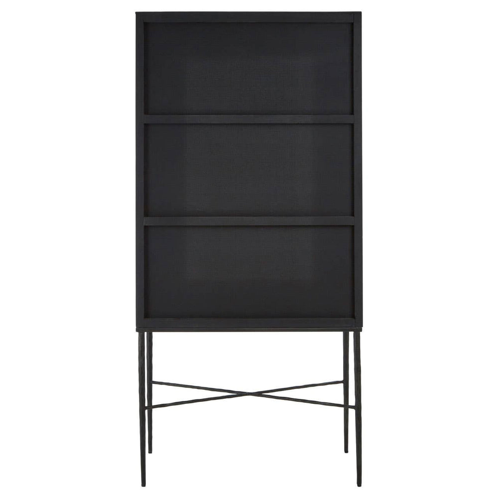 Milan Two Door Elm Wood Wine Cabinet featuring a sleek black finish, two doors with a mesh design, and a sturdy metal frame with crossbar support. The cabinet stands on slender legs, providing a modern and elegant look suitable for home decor