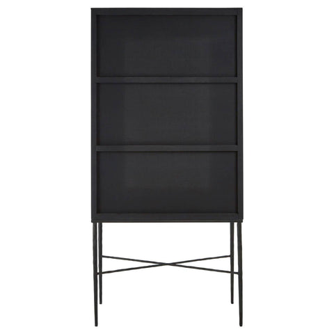 Milan Two Door Elm Wood Wine Cabinet featuring a sleek black finish, two doors with a mesh design, and a sturdy metal frame with crossbar support. The cabinet stands on slender legs, providing a modern and elegant look suitable for home decor