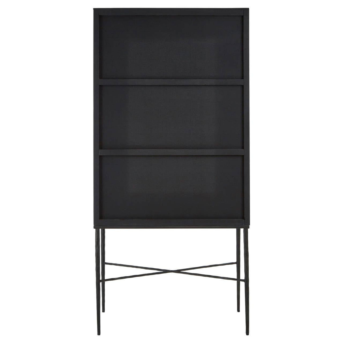 Milan Two Door Elm Wood Wine Cabinet featuring a sleek black finish, two doors with a mesh design, and a sturdy metal frame with crossbar support. The cabinet stands on slender legs, providing a modern and elegant look suitable for home decor