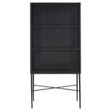 Milan Two Door Elm Wood Wine Cabinet featuring a sleek black finish, two doors with a mesh design, and a sturdy metal frame with crossbar support. The cabinet stands on slender legs, providing a modern and elegant look suitable for home decor