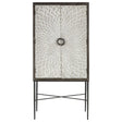Milan Two Door Elm Wood Wine Cabinet featuring a textured front with a circular handle, supported by slender metal legs in a crossed design. The cabinet has a natural wood finish, showcasing the grain of the elm wood