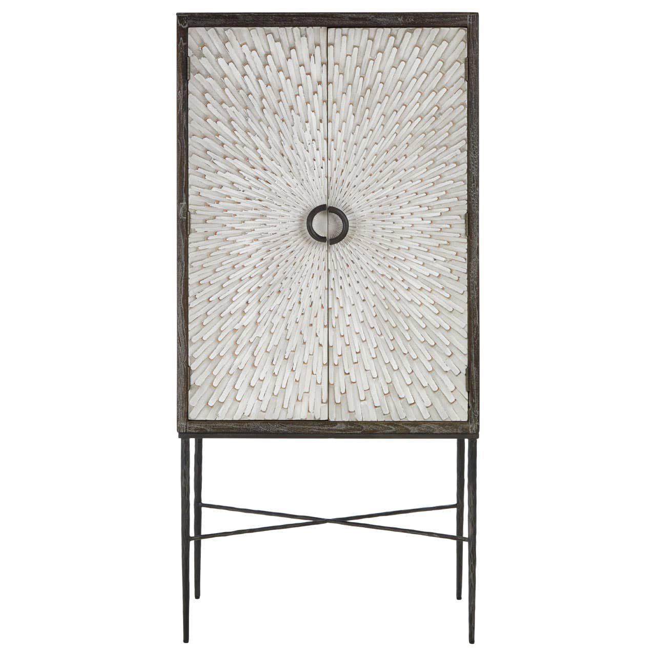 Milan Two Door Elm Wood Wine Cabinet featuring a textured front with a circular handle, supported by slender metal legs in a crossed design. The cabinet has a natural wood finish, showcasing the grain of the elm wood