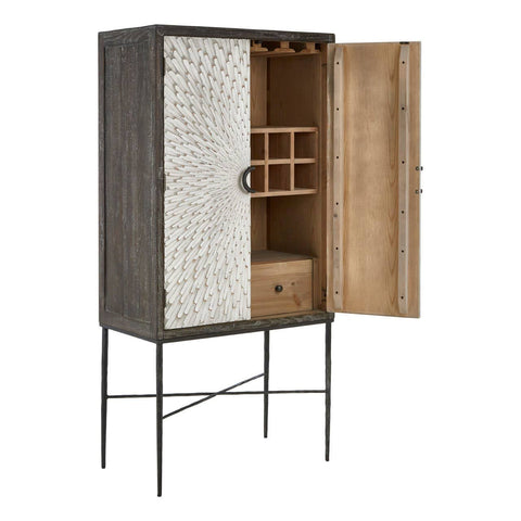 Milan Two Door Elm Wood Wine Cabinet featuring a textured front with a light-colored door and a darker wood finish, open to reveal an interior with wine bottle storage, a drawer, and a sleek metal base