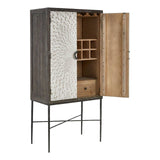 Milan Two Door Elm Wood Wine Cabinet featuring a textured front with a light-colored door and a darker wood finish, open to reveal an interior with wine bottle storage, a drawer, and a sleek metal base