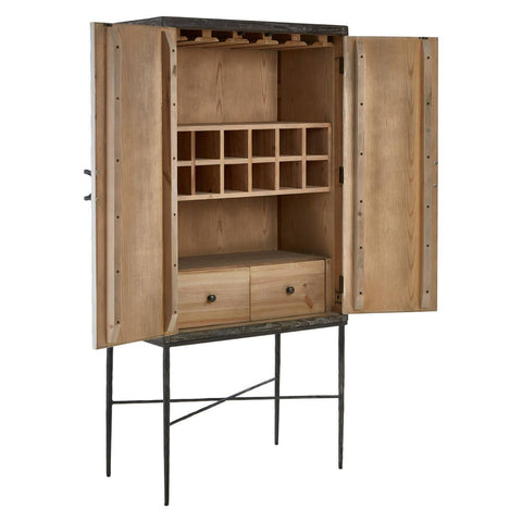 Milan Two Door Elm Wood Wine Cabinet featuring a natural wood finish, two front doors with a sleek design, an interior wine rack with space for multiple bottles, and two lower drawers for additional storage, all supported by slender metal legs