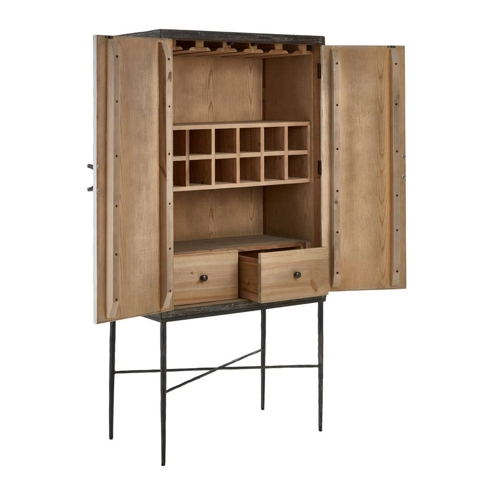 Milan Two Door Elm Wood Wine Cabinet featuring a natural wood finish, two doors with a sleek design, an interior wine rack with multiple slots, and two lower drawers, all supported by slender metal legs