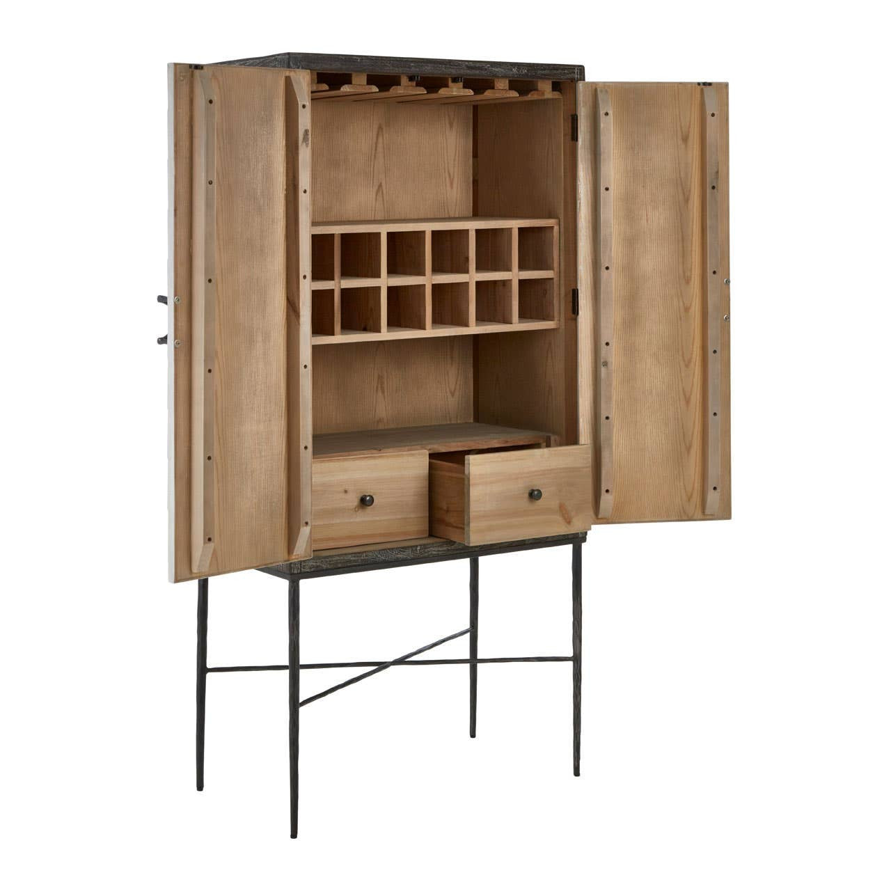 Milan Two Door Elm Wood Wine Cabinet featuring a natural wood finish, two doors with a sleek design, an interior wine rack with multiple slots, and two lower drawers, all supported by slender metal legs