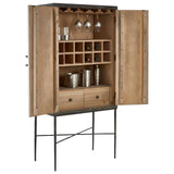 Milan Two Door Elm Wood Wine Cabinet featuring a natural wood finish, two open doors revealing wine storage with racks for bottles and compartments for glasses, two lower drawers, and sleek metal legs for support