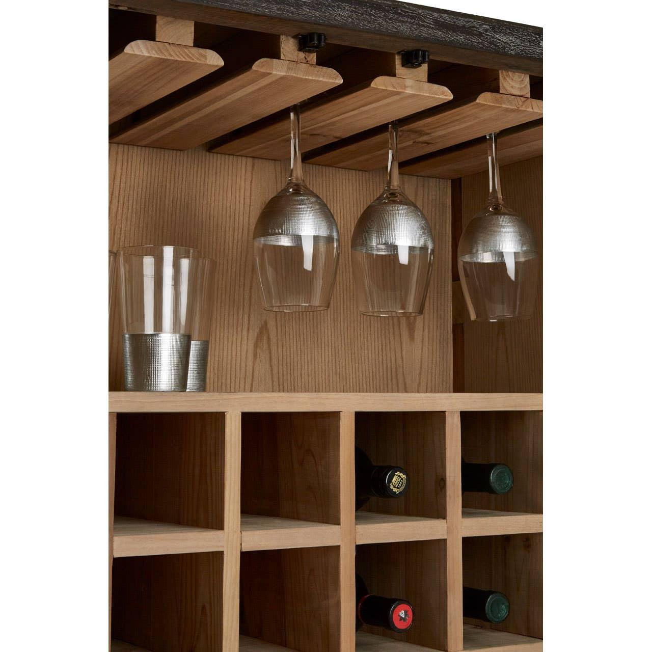 Milan Two Door Elm Wood Wine Cabinet featuring a natural wood finish, multiple wine bottle compartments, and a hanging rack for wine glasses. The interior showcases a warm, inviting design with a smooth texture and ample storage space