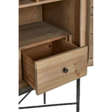 Close-up view of the Milan Two Door Elm Wood Wine Cabinet, showcasing a wooden drawer with a round black knob, partially open, and the interior shelves of the cabinet made from light-colored wood. The cabinet features a sleek design with metal legs
