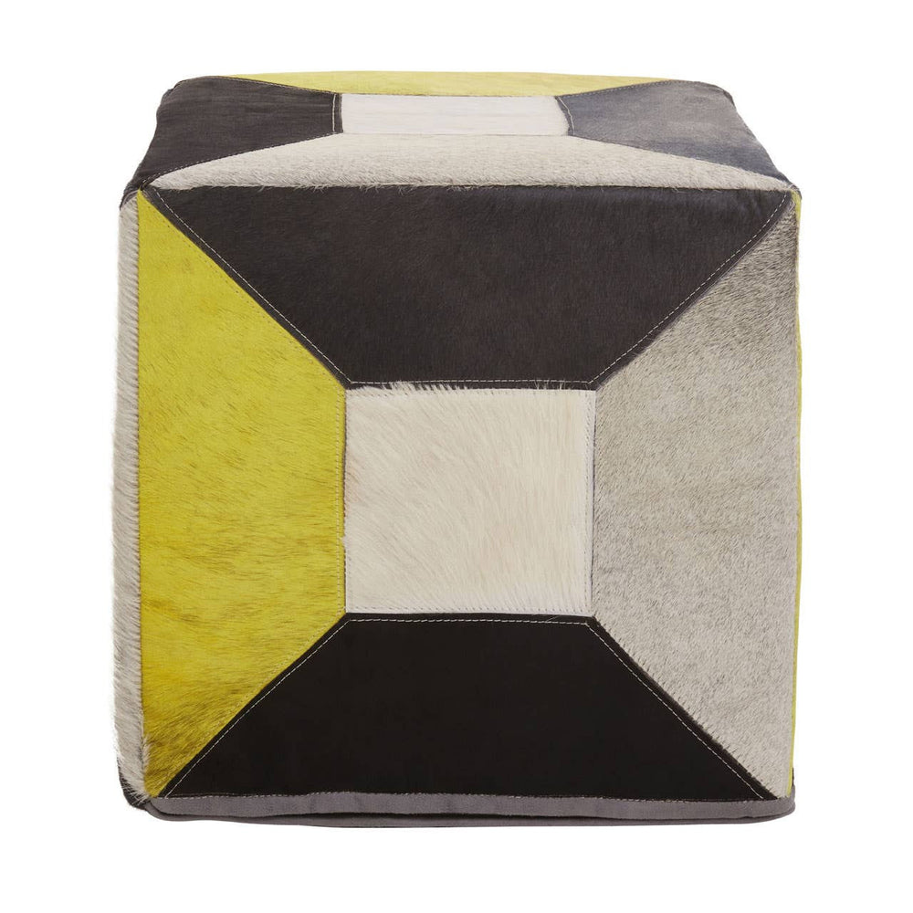 A square pouffe featuring a geometric design with sections in yellow, gray, black, and cream colors, made from hair-on leather. The pouffe has a soft texture and a modern aesthetic, suitable for home decor