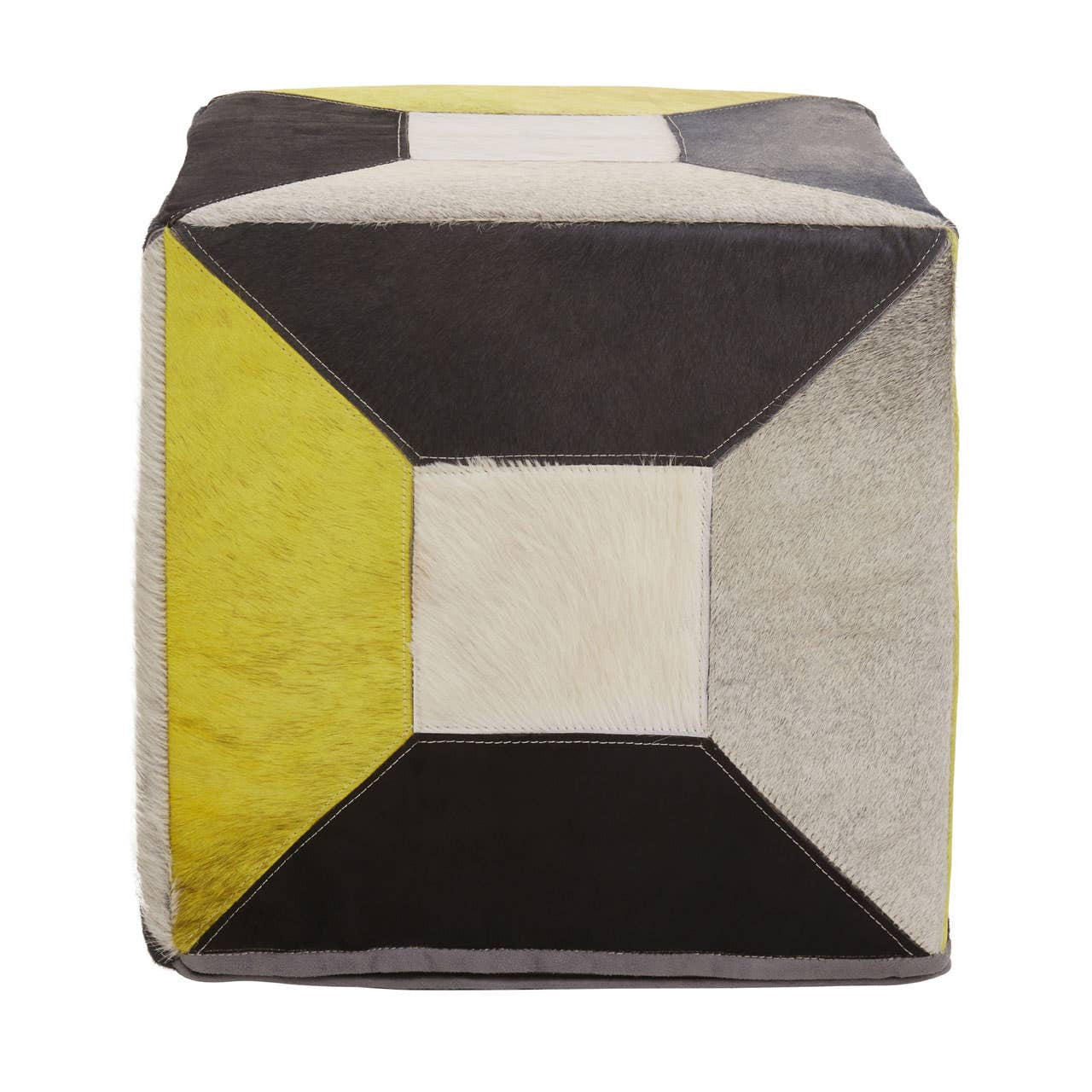 A square pouffe featuring a geometric design with sections in yellow, gray, black, and cream colors, made from hair-on leather. The pouffe has a soft texture and a modern aesthetic, suitable for home decor