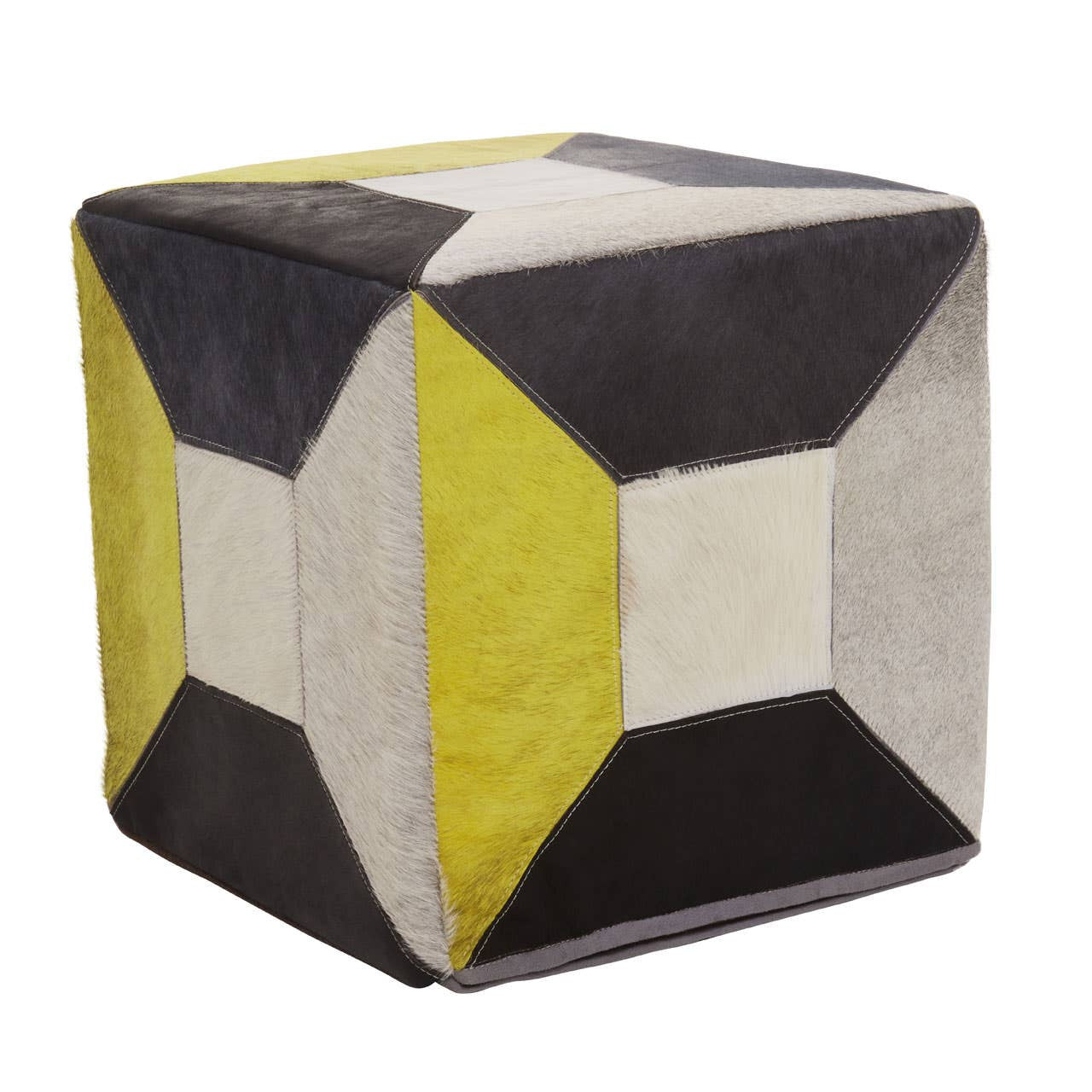 A geometric design pouffe featuring a combination of yellow, gray, black, and cream leather panels, showcasing a cube shape with distinct color blocks and a textured surface