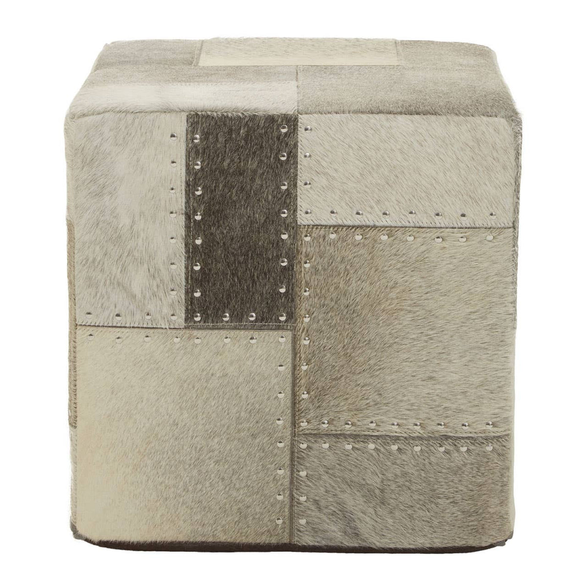 Square pouffe featuring a patchwork design in various shades of grey and beige, with visible stitching details. The surface appears soft and textured, suitable for use as a footrest or additional seating