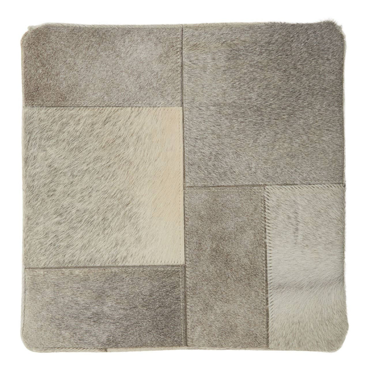 Square pouffe featuring a patchwork design in various shades of grey, with soft textures and a contemporary aesthetic, suitable for home decor