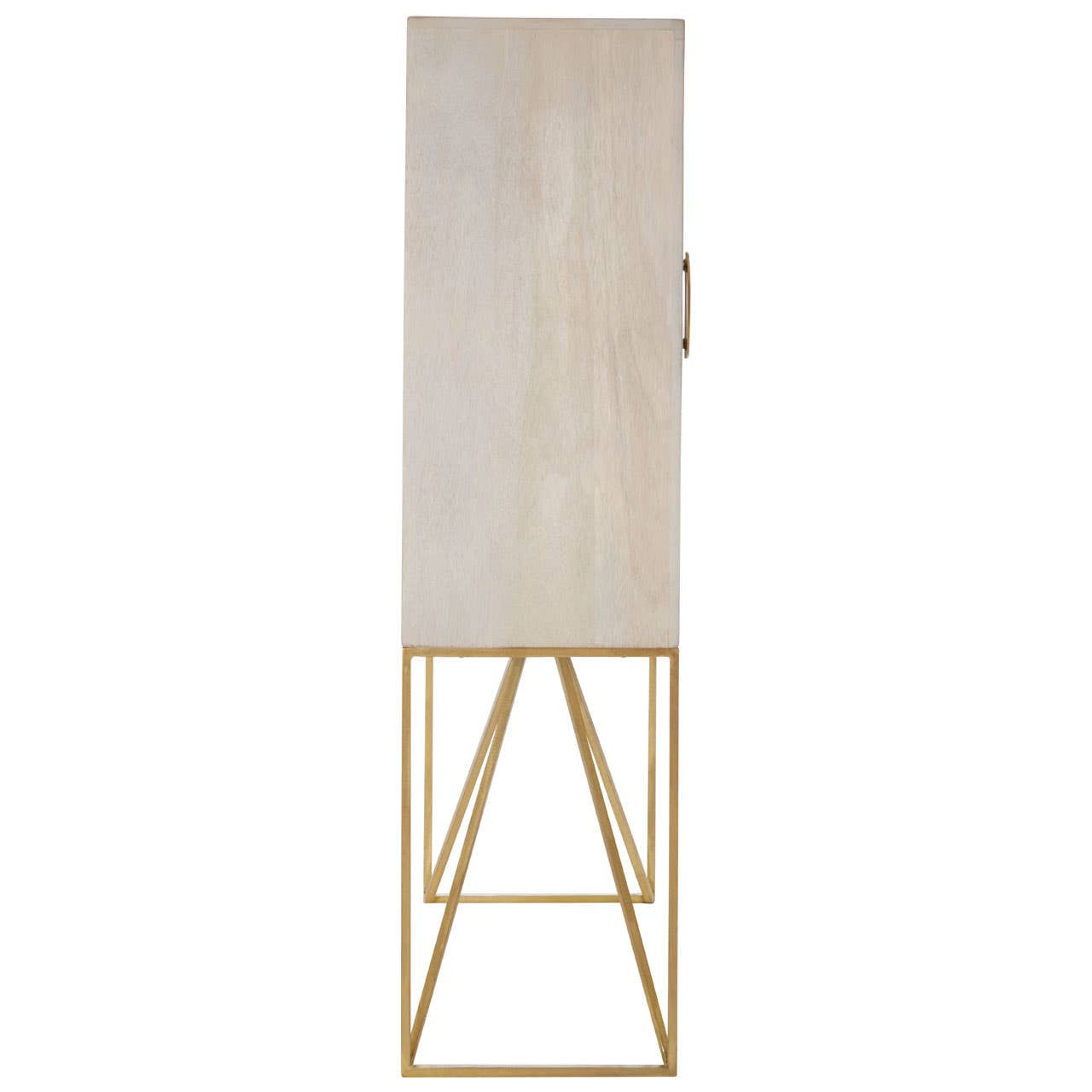 Tall cabinet made of white wash mango wood with a smooth surface and a single door, featuring a minimalist design. The cabinet stands on a sleek, gold metal frame with angled legs, creating a modern aesthetic suitable for home decor