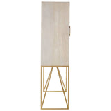 Tall cabinet made of white wash mango wood with a smooth surface and a single door, featuring a minimalist design. The cabinet stands on a sleek, gold metal frame with angled legs, creating a modern aesthetic suitable for home decor