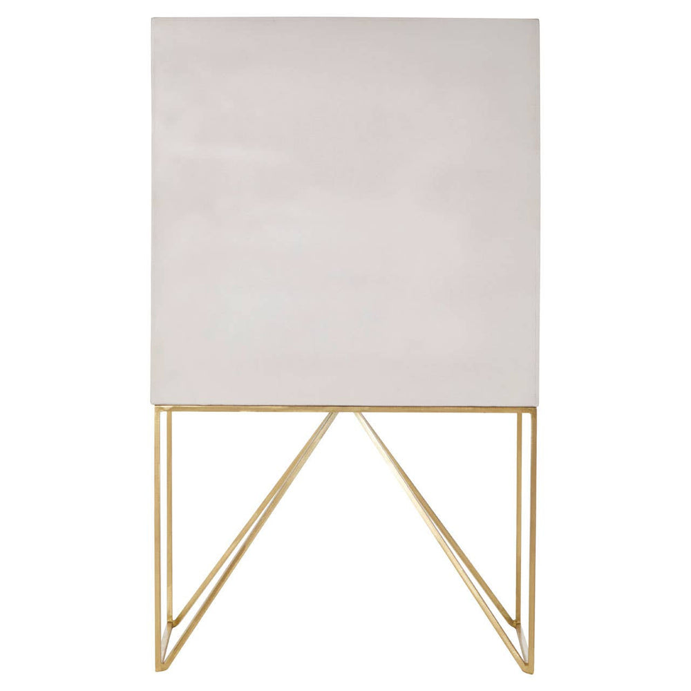 White wash mango wood cabinet with a smooth, light-colored surface and a minimalist design, supported by a sleek gold metal frame with angled legs. The cabinet features a simple, modern aesthetic suitable for various home decor styles