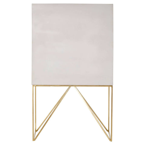 White wash mango wood cabinet with a smooth, light-colored surface and a minimalist design, supported by a sleek gold metal frame with angled legs. The cabinet features a simple, modern aesthetic suitable for various home decor styles