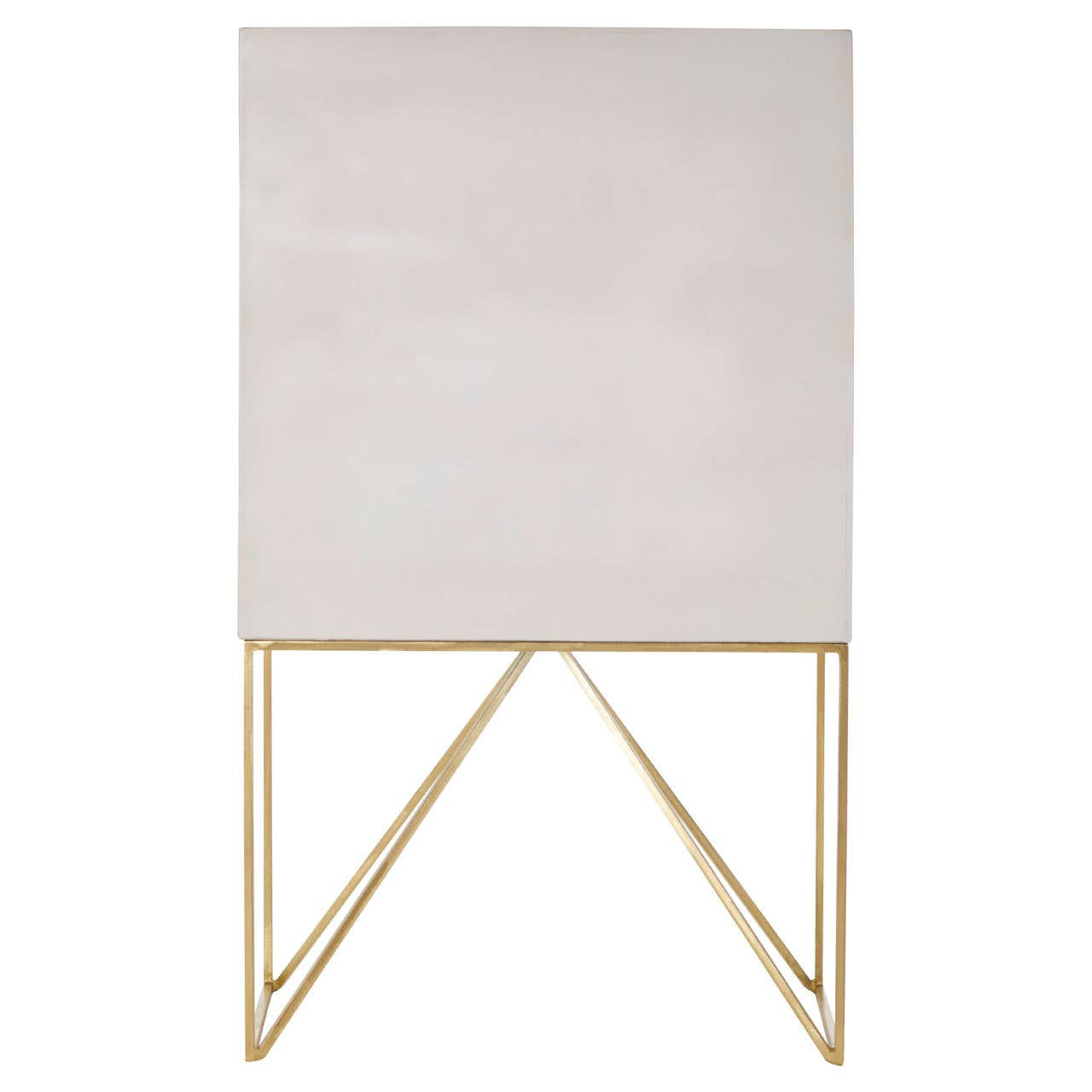 White wash mango wood cabinet with a smooth, light-colored surface and a minimalist design, supported by a sleek gold metal frame with angled legs. The cabinet features a simple, modern aesthetic suitable for various home decor styles