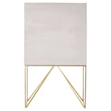 White wash mango wood cabinet with a smooth, light-colored surface and a minimalist design, supported by a sleek gold metal frame with angled legs. The cabinet features a simple, modern aesthetic suitable for various home decor styles