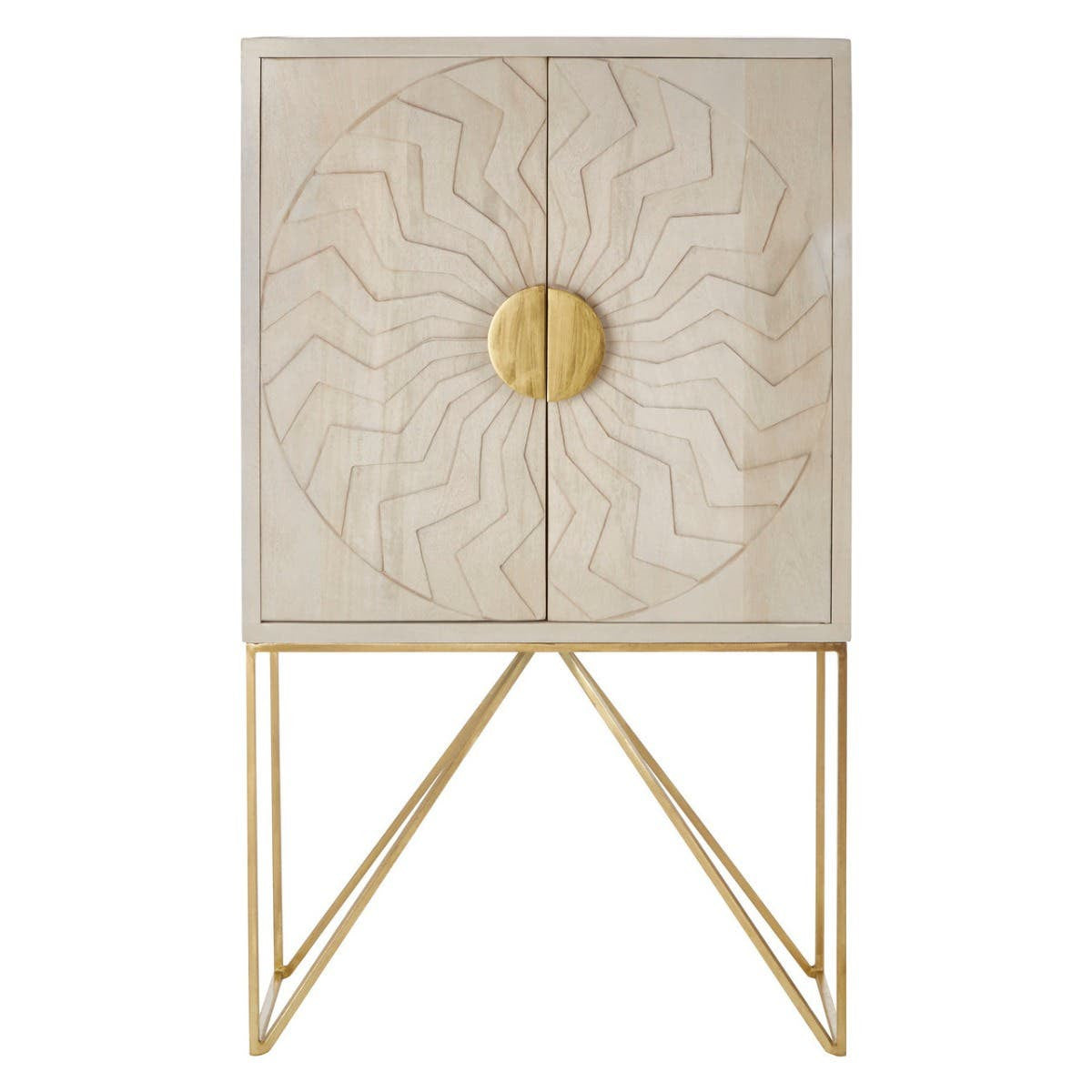 White wash mango wood cabinet featuring intricate leaf patterns on the front, complemented by a round gold handle. The cabinet stands on a sleek, geometric gold metal base, adding a modern touch to its design