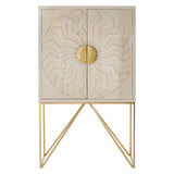 White wash mango wood cabinet featuring intricate leaf patterns on the front, complemented by a round gold handle. The cabinet stands on a sleek, geometric gold metal base, adding a modern touch to its design