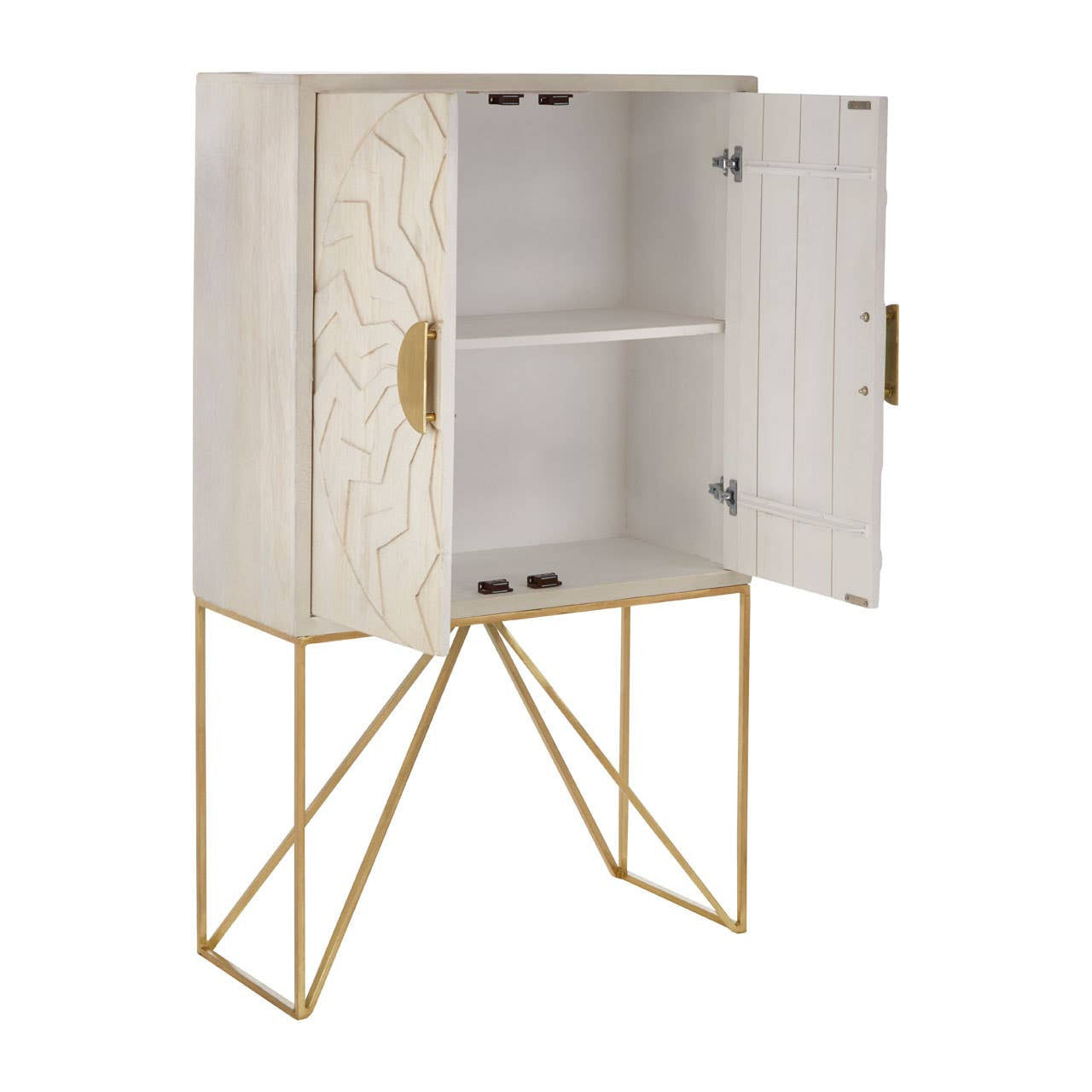 White wash mango wood cabinet with two doors, featuring a single shelf inside, and supported by gold metal legs. The cabinet has a textured surface and round handles for easy access