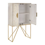 White wash mango wood cabinet with two doors, featuring a single shelf inside, and supported by gold metal legs. The cabinet has a textured surface and round handles for easy access