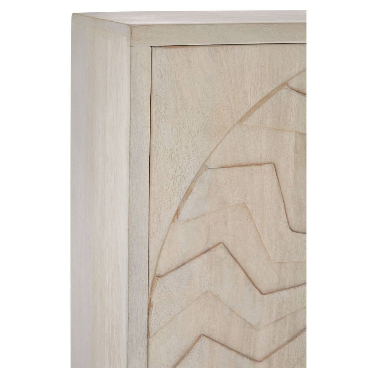 Close-up view of a Sadras White Wash Mango Wood Cabinet featuring a textured geometric design on the front panel, showcasing a light, washed finish that highlights the natural wood grain. The edges are smooth and the overall design is modern and minimalist