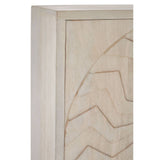 Close-up view of a Sadras White Wash Mango Wood Cabinet featuring a textured geometric design on the front panel, showcasing a light, washed finish that highlights the natural wood grain. The edges are smooth and the overall design is modern and minimalist