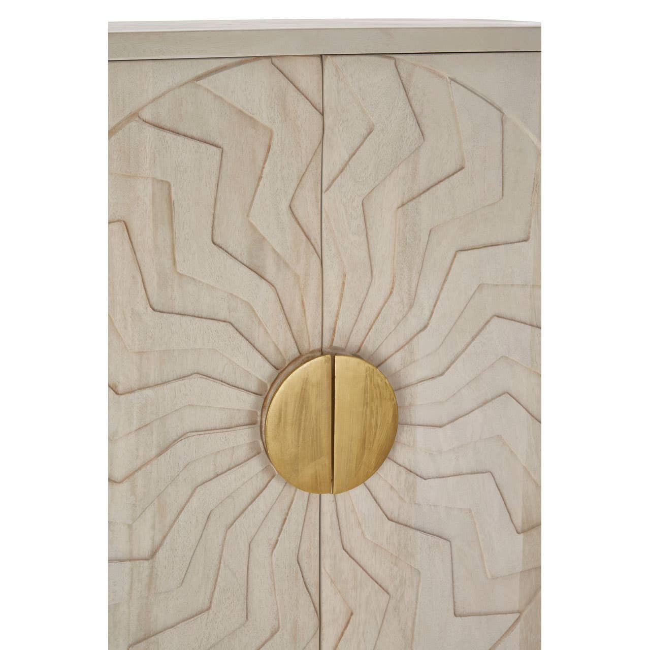 White wash mango wood cabinet featuring a textured design with a sunburst pattern and a round, gold-colored handle at the center of the doors