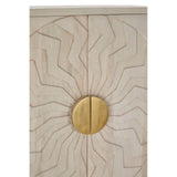 White wash mango wood cabinet featuring a textured design with a sunburst pattern and a round, gold-colored handle at the center of the doors