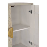 Interior view of a Sadras White Wash Mango Wood Cabinet featuring a single shelf and a smooth white interior. The cabinet doors are adorned with a stylish gold handle and are secured with hinges. The wood has a light, white-washed finish, highlighting the natural grain