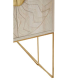 White wash mango wood cabinet featuring a textured geometric design on the front, complemented by a round gold handle and supported by a sleek gold metal base